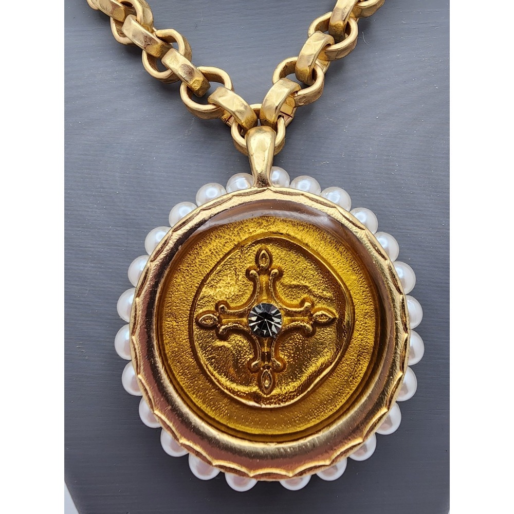 Chico's Gold & Silver Tone Faux Pearl Medallion Cross Pendant Statement Necklace - Picture 6 of 10